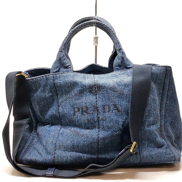 Prada Handbags - Prada Blue Denim Tote Bag with Black Strap